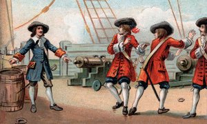 Jean Bart (1650-1702), fransk marinekommandant og kaper, truer med å sprenge skipet hans - Kapermannen Jean Bart (1650-1702) truer en engelsk kaper som tok ham til fange ved å true med å sprenge skipet hans ved å sette fyr på en fat med pulver av Unknown artist