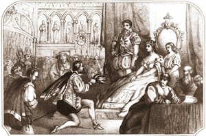 Jean Nicot presenterer tobakksplanten til Catherine de Medicis (Caterina de Medici) og Grand Prior of House of Lorraine. Litografi fra 1500-tallet rundt 1868. av Unknown artist
