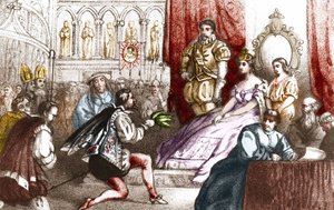 Jean Nicot presenterer tobakksplanten til Catherine de Medicis (Caterina de medici) og til Grand Prior of House of Lorraine. Det 16. århundre. Gravering fra 1800-tallet av Unknown artist