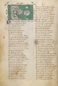 Jean de Meun skriver åpningsordene til diktet sitt (som begynner på f. 28), i Roman de la Rose av Unknown artist