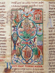 Jesse treet omgir symboler på jomfruelighet The Virgin er designet med navnet bysantinsk av Theotokos. Miniatyr hentet fra "Lectiaire de Citeaux"" Dijon fra 1100-tallet, kommunalt bibliotek av Unknown artist