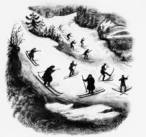 Jeux du Nord: skiløpere nedover et spor - gravering, sent på 1800-tallet. av Unknown artist