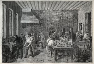 Smykker: stålsmykkefabrikk. Gravering fra 1885 i "" Les arts et metiers illustres"" av Adolphe BITARD. av Unknown artist