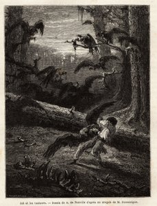 Job (reisekamerat til redaktøren), angrepet av gribber. Gravering for å illustrere historien Quatre mois en Florida, av M. Pousselgue, i 1851-1852, publisert i "" le tour du monde", under ledelse av D