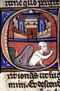 Jonah, etter tre dager og tre netter tilbrakt i magen til en stor fisk, blir kastet opp av dyret. 1300-talls manuskript. Biblioteca nazionale braidense, Milano. av Unknown artist