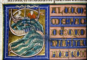 Jonas blir kastet i havet og fortært av en enorm fisk. 1300-talls manuskript. Kommunal Bibl. av Vercelli. av Unknown artist