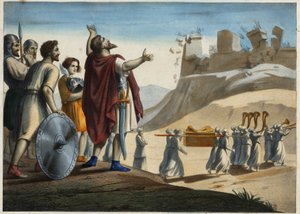 Josva før byen Jeriko (den første byen tatt av Josva og jødene under erobringen av det lovede land). Veggene smuldrer opp til lyden av trompetene. Anonym gravering fra 1800-tallet. av Unknown artist