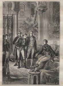 Reise (1798) av Frederic Conrad (Konrad) Hornemann (1772-1801) til Fezzan (Libya): Hornemann blir ønsket velkommen av Bonaparte i Kairo (Egypt) - illustrasjon fra "The Great Mariners of the 18th century"" av Unknown artist
