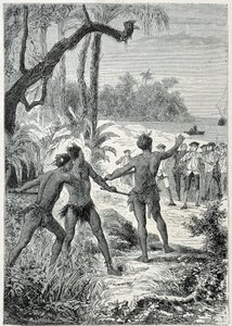 Reisen til kaptein James Cook (1728-1779) til New Guinee: det første møtet med de innfødte, illustrasjon hentet fra "The Great Mariners of the 18th century"" av Unknown artist