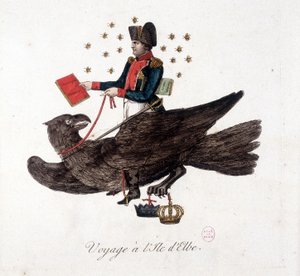 Reise til Elba Island: Napoleon rir på en ørn, holder bøkene om militær verneplikt og masseløfting av soldater - i "" Napoleon 1st, karikaturer, dummysamling"", ca. 1814 av Unknown artist