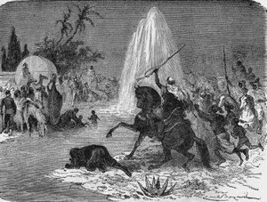 Joy of the Arabs at the sight of the flow of water from the Artesian well of Sidi-Rached, forged by the French, in the Sahara desert. In” Album de la Science””, Éditions Jouvet av Unknown artist