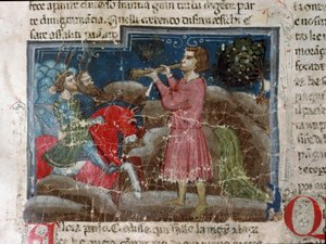 Jules Cesar (101-44 f.Kr.) henvender seg til sine krigere Detalj av en manuskriptside "" The Facts of the Romans"" (Ms 1538, fol 15r) rundt 1340 Firenze, Biblioteca Riccardiana av Unknown artist