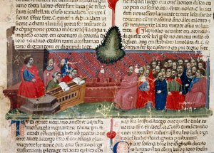 Jules Cesar (101-44 f.Kr.) på tronen Detalj av en manuskriptside "" Facts of the Romans"" (Ms 1538) ca. 1340 Firenze, Biblioteca Riccardiana av Unknown artist