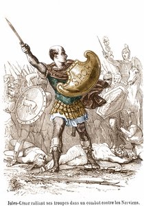 Julius Caesar samler troppene sine i en kamp mot Nerviens - gravering av Unknown artist