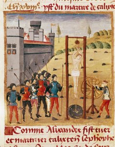 Kong Alexander den store (356-323 f.Kr.) deltar på henrettelsen av den edle Calixten Cephobe ved å henge""" Miniatyr hentet fra "" Book of Facts of Alexander the Great""" av Quintus Curtius Rufus (1. århundre) (ms 1335, fol. 167 v av Unknown artist