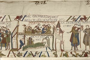 Kong Edward Bekjenneren på sitt dødsleie, Bayeux-teppet (ullbroderi på lin) av Unknown artist