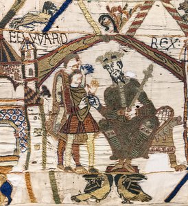 Kong Edward Bekjenneren sender Harold til Normandie, Bayeux-teppet (ullbroderi på lin) av Unknown artist