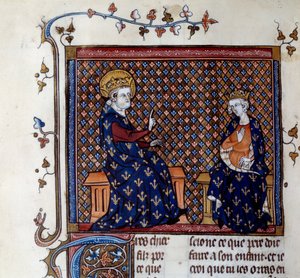 Kong Ludvig IX (1214-1270) lærer kongens mester til sønnen sin, fremtidige Philip III-miniatyr fra et manuskript fra 1300-tallet. Chantilly, Conde-museet av Unknown artist