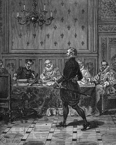 Konge av Frankrike Henry IV (1553-1610) (stående) på et møte med sine ambassadører. Gravering fra 1800-tallet. I «Histoire de France» av Jules Michelet av Unknown artist