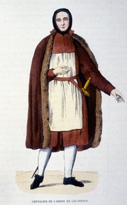 Ridder av Calatrava-ordenen. En gruppe religiøse og riddere forsvarte byen Calatrava i Spania mot kastilianerne i 1145 og 1158. Ordenen ble knyttet til Spanias krone i 1523 med kongen som stormester. Gravering fra 1800-tallet av Unknown artist