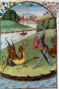 Knights of the Round Table: "Lancelot kjemper mot dragen"" Manuskript miniatyr "" Romanen til Lancelot du Lac"" av Unknown artist