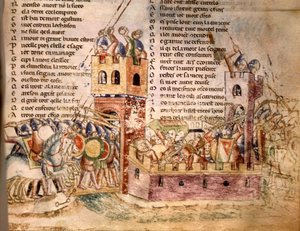 Riddere stormet et slott. 1100-talls manuskript. Bibl. Marciana Venezia. av Unknown artist