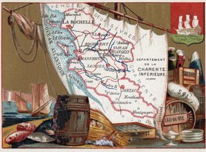 Charente-Inférieure, Poitou-Charentes, Frankrike. Vin, konjakk, sardiner, salt, safran, tørket fisk, ca. 1920 av Unknown Artist