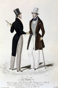La Mode du 26 juillet 1834: (maskulin mote) lakendress - bukse casimir - Redingote med fløyelskrage - vest av piké - bukser i brunfarget hud og topphatt. av Unknown artist