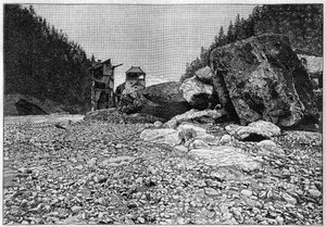La catastrophe de Saint-Gervais (Saint Gervais) eller catastrophe du glacier de la Tete Rousse (departementet Haute-Savoie) (12.-13. juli 1892) - Bains de Saint-Gervais etter katastrofen med de enorme blokkene som ble transportert av elven, Gravering i ""  av Unknown artist
