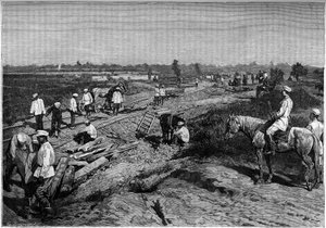 Legger skinnene til Transcapien-jernbanen. Gravering i journalen «La jeunesse»» av Unknown artist