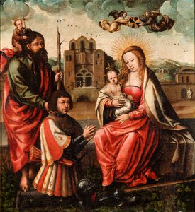""Jomfruen til Christopher Columbus"" (Jomfruen til Cristobal Colon) Jomfru og barn med Christopher Columbus og Saint Christopher Anonym maleri 1540 - Olje på tre Dim 52x48 cm Museo Lazaro Galdiano, Madrid av Unknown artist