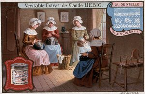 Blondeverksted, Valenciennes, Liebig-reklame v. 1895 av Unknown artist