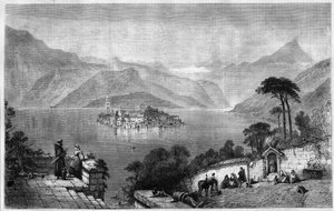 Lake Orta (Lake Cusio) (in the middle of the island of San Giulio (Saint Jules) in the province of Novara in Italy. Engraving from 1865. av Unknown artist