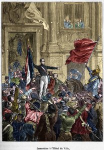 Lamartine (1790 - 1869), som nektet det røde flagget for tricolor-flagget, ved rådhuset. Paris, 26. februar 1848. Bianchetti-samling. av Unknown artist