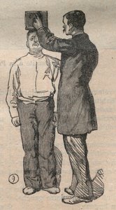 Rettsantropometri eller bertillonnage, metode til Alphonse Bertillon (1853-1914): høydemåling - gravering i "La Science francaise"" av Unknown artist