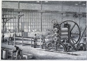 Stort valseverk for å redusere blokker av renset gummi til ark - i "" The wonders of the industry"" av Louis Figuier av Unknown artist