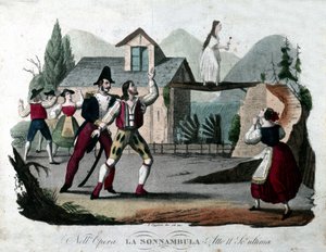 Siste scene i akt II av "La somnambule (La sonnanbula") av Vincenzo Bellini. Gravering fra 1835. av Unknown artist