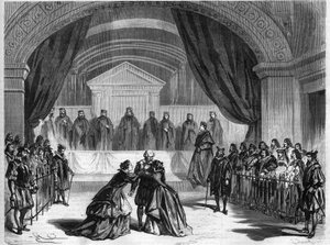 Siste etappe av teaterstykket "" Galilee", et treakters drama av Francois Ponsard, en fransk poet og dramatiker (1814-1867) spiller på det franske komedieteateret i Paris. Gravering i "" L