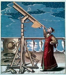 Astronomen: en mann ser på stjernene i den astronomiske rammen - Engraving du 17eme century - Paris, B.N. - Astronom: En mann ser på stjernene i teleskopet - Gravering av Unknown artist