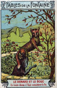 Le Fox et le Bouc - Fabler av Jean de La Fontaine (1621-95) - Kromolitografi fra slutten av 1800-tallets privatsamling av Unknown artist