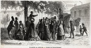 Le preche en plein air, i London, tegning av Durand Brager, for å illustrere En ekskursjon til de fattige nabolagene i London, i 1862, av L.Simonin. Gravering i "" Le tour du monde"", redigert av Edouard Charton av Unknown artist