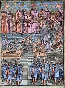 Le prevot des marchands et les echevins de Paris au 16eme-tallet gravering etter originalen fra 1528 - Provost for kjøpmenn og rådmenn i Paris, scene for skatteinnkreving, tittelside fra 