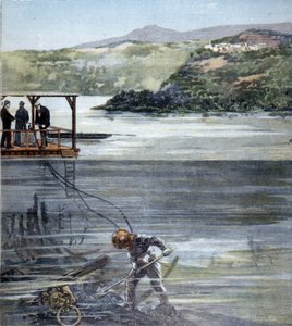 Dykkeren Paolo Pardi jobbet på romerske båter i Nemi-sjøen med Siebe-dykkeren i 1893. av Unknown artist