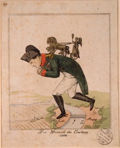 ""The wish of the Berliners"" (The Wish of the Berliners) Karikatur som representerer keiser Napoleon I (1769-1821) som bærer på ryggen quadrigaen til Brandenburger Tor for å krysse Mainz under beleiringen av festningen Anonym karikatur av Unknown artist