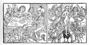 Links: Die heilige Maria Magdalena trocknet Jesu Füße mit ihrem Haar. Rechts: Die heilige Maria Magdalena steigt in den Himmel auf. Manuskript von 1488, gedruckt in Nürnberg. Gravur aus „Leben der Heiligen - sommerteil“ (Das Buch der Heiligen) von Jacobus  von Unknown artist