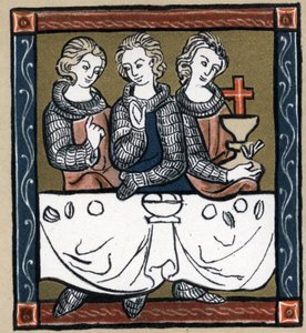 Legend Arthurian: Galahad (Gaalad or Galaad), Perceval and Bohort (Bors or Borrt) with the Holy Grail. In “” Geschichte der Franzosischen Literatur”” by Hermann Suchier av Unknown artist