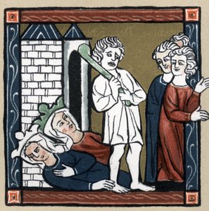 Legend Arthurienne: Lancelot du lac levere Dronning Guenievre og hennes venn av slottet som faller besvimte og innbyggerne flykter. I "History of French Literature" av Hermann Suchier av Unknown artist