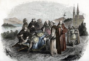 Legende des enerves de Jumieges: de to sønnene til merovingerkongen Clovis II, straffet for å ha gjort opprør mot faren deres, blir samlet av munkene i klosteret Jumieges, nær Rouen, ca. 660 (Sønnene til kong Clovis II, etter å ha blitt straffet f. av Unknown artist