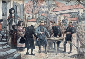 Alsace, mars 1918 (tyske offiserer i felttog i Alsace, mars 1918) Illustrasjon hentet fra «Le pelerin» 10.03.1918 Samling privat av Unknown Artist