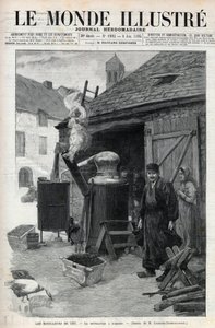 Hjemmedestillatørene - hjemmedestillasjon i Paris i 1895 - gravering i "Le Monde Illustré"" nr. 1993 av 1895 av Unknown artist